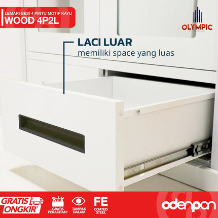 OLYMSTEEL - OSWS 4P2L WOOD Lemari Pakaian Baju 4 Pintu Besi 2 Laci Motif Kayu