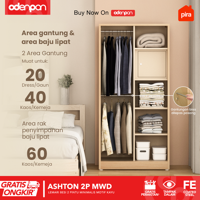 PIRA - ASHTON 2P Lemari Pakaian Baju 2 Pintu Besi Pintu Swing Motif Kayu