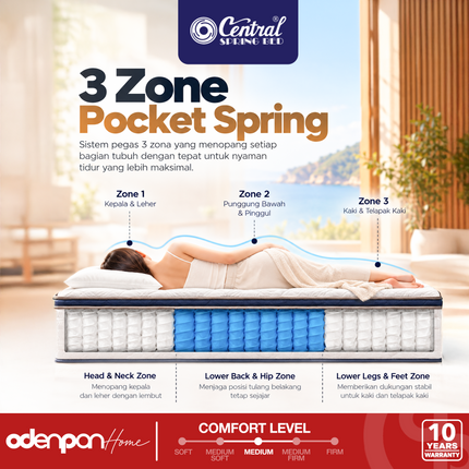 CENTRAL - DIAMOND SENSORY Kasur Spring Bed 3-Zone Pocket Spring Natural Latex Lux Pillow Top Dengan Foam Encasement