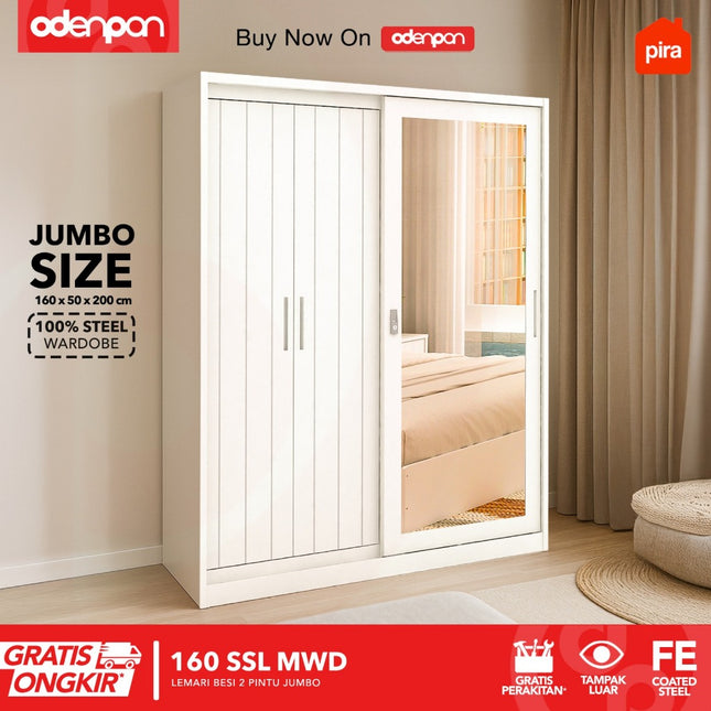 PIRA Lemari Pakaian / Baju 3 Pintu Besi Sliding Jumbo Pintu Swing & Sliding Minimalis Dengan Cermin 160 SSL MWD
