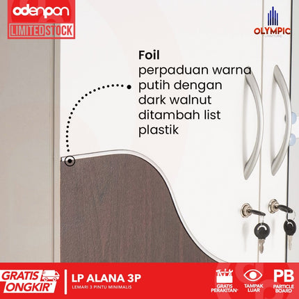 OLYMPIC - ALANA 3P Lemari Pakaian / Baju 3 Pintu Dengan Cermin