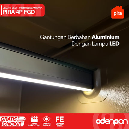 PIRA - 4P FGD Lemari Pakaian Baju 4 Pintu Besi 2 Laci Minimalis Jumbo Dengan Kaca & Lampu LED