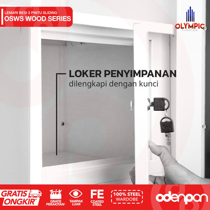 OLYMSTEEL - OSWS WALNUT Lemari Pakaian Baju 2 Pintu Besi Sliding Dengan Cermin