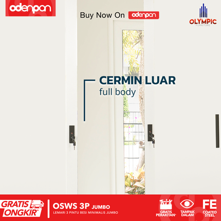 OLYMSTEEL - OSWS 3P Lemari Pakaian Baju 3 Pintu Besi Jumbo Dengan Cermin