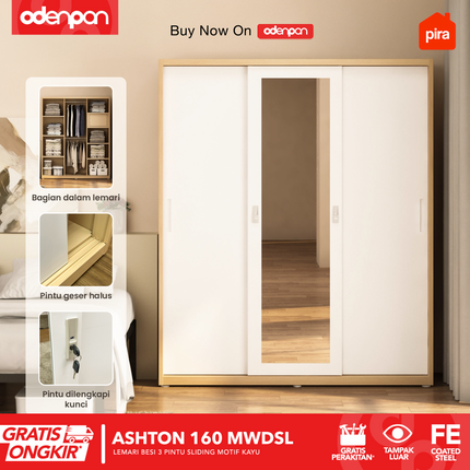 PIRA - ASHTON 160 MWDSL Lemari Pakaian / Baju 3 Pintu Besi Sliding Jumbo Dengan Cermin 160 cm