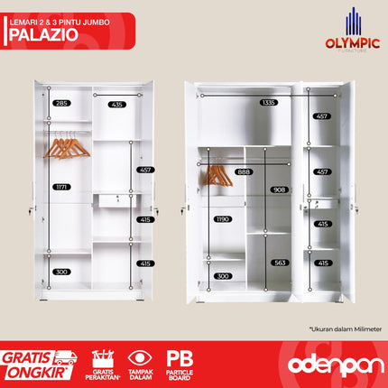 OLYMPIC - PALAZIO Lemari Pakaian / Baju 2 & 3 Pintu Jumbo Dengan Cermin