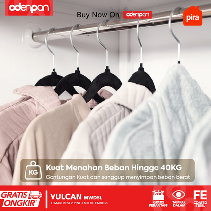 PIRA - VULCAN Lemari Pakaian / Baju 2 Pintu Besi Sliding Motif 3D Emboss Dengan Cermin
