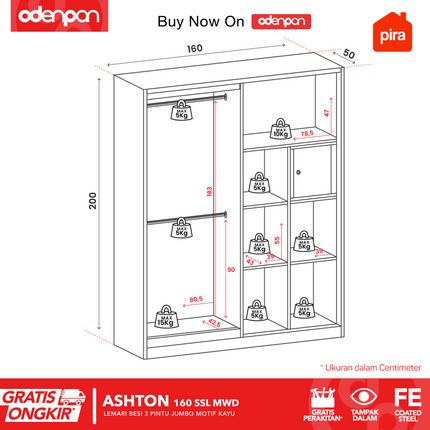 PIRA - ASHTON 160 SSL MWD Lemari Pakaian / Baju 3 Pintu Besi Sliding Jumbo Motif Kayu