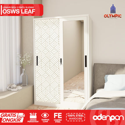 OLYMSTEEL - OSWS LEAF Lemari Pakaian Baju 2 Pintu Besi Sliding Putih Dengan Cermin