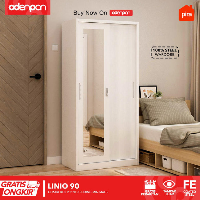 PIRA - LINIO Lemari Pakaian / Baju 2 Pintu Besi Sliding Dengan Cermin