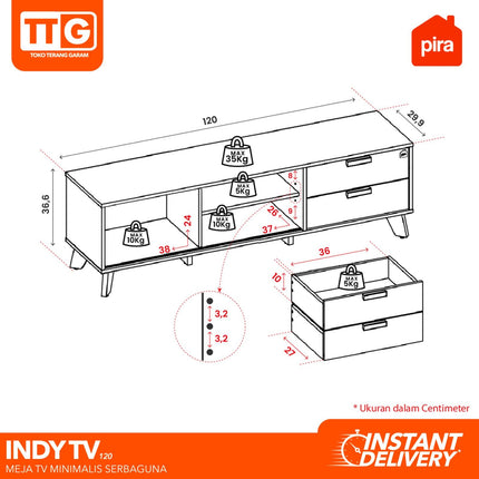PIRA OX - INDY TV120 Meja / Rak TV  Dengan 2 Laci & Kaca 120 cm