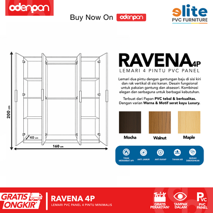 ELITE PVC - RAVENA 4P Lemari UPVC 4 Pintu Swing Motif Kayu