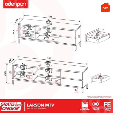 PIRA - LARSON MTV Meja / Rak TV Besi Minimalis Dengan  2 Laci 120 / 150 cm