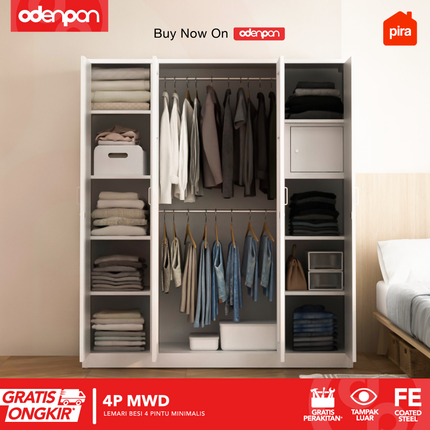 PIRA - 4P MWD Lemari Pakaian Baju 4 Pintu Besi 2 Cermin Minimalis Jumbo