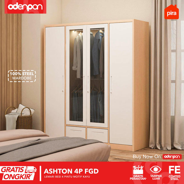 PIRA - ASHTON 4P FGD Lemari Pakaian Baju 4 Pintu Besi 2 Laci Motif Kayu Minimalis Jumbo