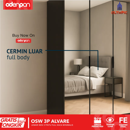 OLYMSTEEL - OSW 3P ALVARE Lemari Pakaian Baju 3 Pintu Besi Jumbo Pintu Swing Full Cermin