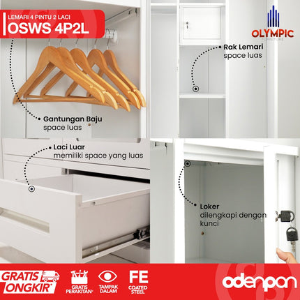 OLYMSTEEL - OSWS 4P2L Lemari Pakaian Baju 4 Pintu Besi 2 Laci