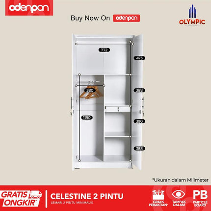 OLYMPIC - CELESTINE 2P Lemari Pakaian / Baju 2 Pintu Dengan Cermin