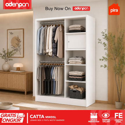 PIRA - CATTA Lemari Pakaian / Baju 2 Pintu Besi Sliding Dengan Cermin Motif Marmer