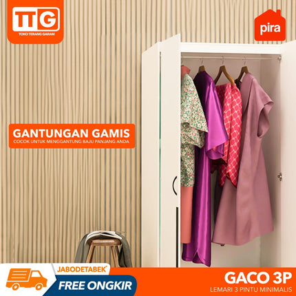 PIRA - GACO 3P Lemari Pakaian / Baju 3 Pintu Gantungan Gamis Dengan Cermin