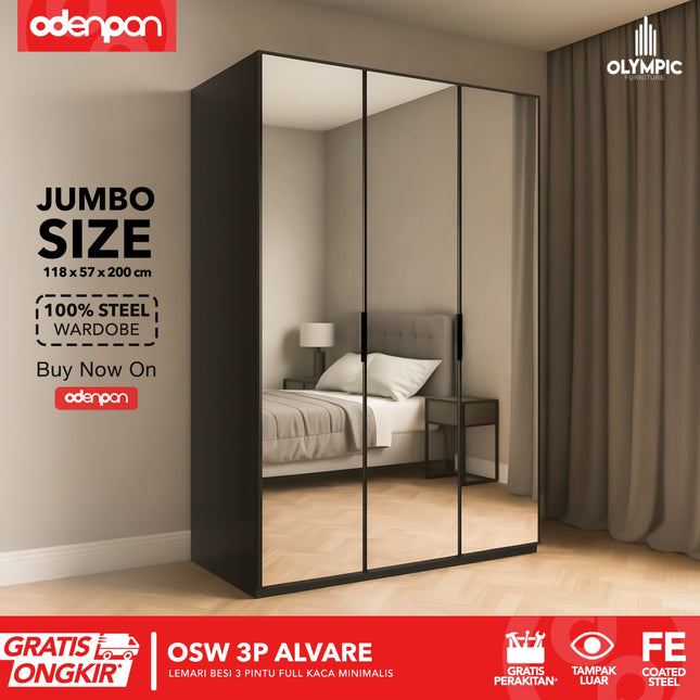 OLYMSTEEL - OSW 3P ALVARE Lemari Pakaian Baju 3 Pintu Besi Jumbo Pintu Swing Full Cermin