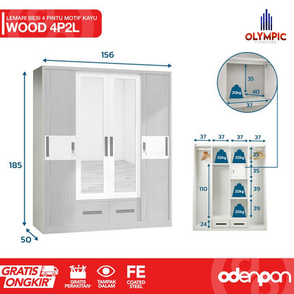 OLYMSTEEL - OSWS 4P2L WOOD Lemari Pakaian Baju 4 Pintu Besi 2 Laci Motif Kayu