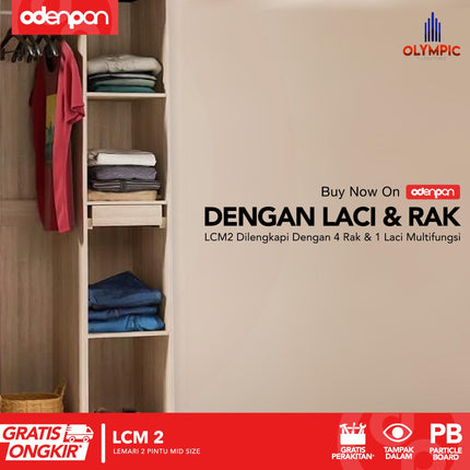 OLYMPIC G-STAR - LCM 2 Lemari Pakaian / Baju 2 Pintu Mid Size Dengan Laci & Cermin