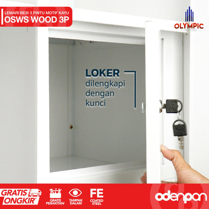OLYMSTEEL - OSWS 3P WOOD Lemari Pakaian Baju 3 Pintu Besi Dengan Motif Kayu