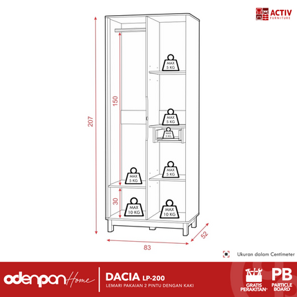 ACTIV CREATIV - DACIA LP 200 Lemari Pakaian / Baju 2 Pintu Dengan Kaki