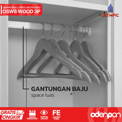 OLYMSTEEL - OSWS 3P WOOD Lemari Pakaian Baju 3 Pintu Besi Dengan Motif Kayu