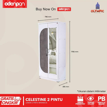 OLYMPIC - CELESTINE 2P Lemari Pakaian / Baju 2 Pintu Dengan Cermin