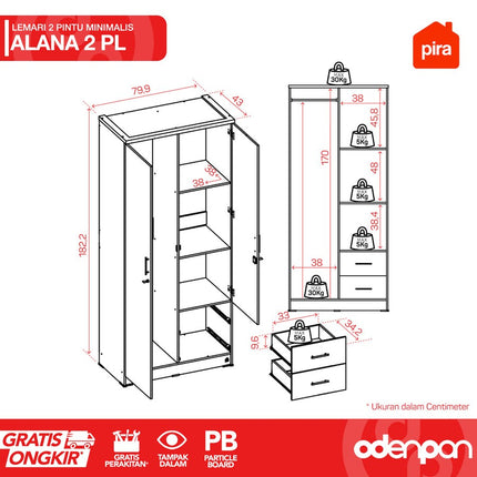PIRA OX - ALANA 2PL Lemari Pakaian / Baju 2 Pintu 2 Laci Dengan Gantungan