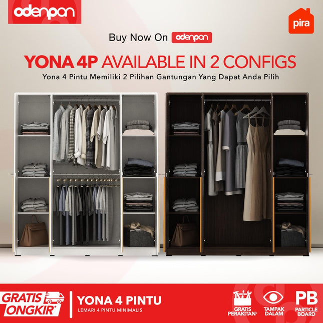 PIRA - YONA 4P Lemari Pakaian / Baju 4 Pintu Dengan Cermin