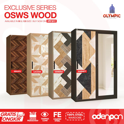 OLYMSTEEL - OSWS WOOD Lemari Pakaian Baju 2 Pintu Besi Sliding Motif Kayu
