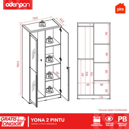 PIRA - YONA 2P Lemari Pakaian / Baju 2 Pintu Dengan Cermin