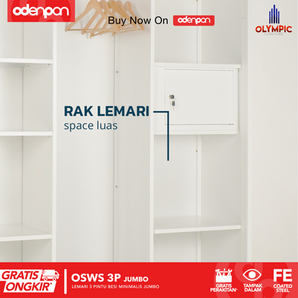 OLYMSTEEL - OSWS 3P Lemari Pakaian Baju 3 Pintu Besi Jumbo Dengan Cermin