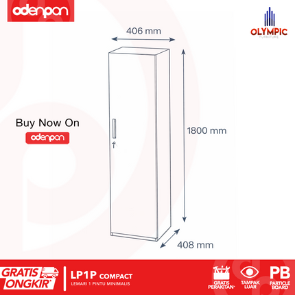 OLYMPIC - LP1P COMPACT Lemari Pakaian / Baju 1 Pintu Dengan Gantungan