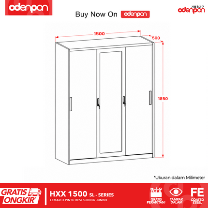 ODENPAN - HXX 1500 SL Lemari Pakaian / Baju 3 Pintu Besi Sliding Dengan Cermin Jumbo Minimalis