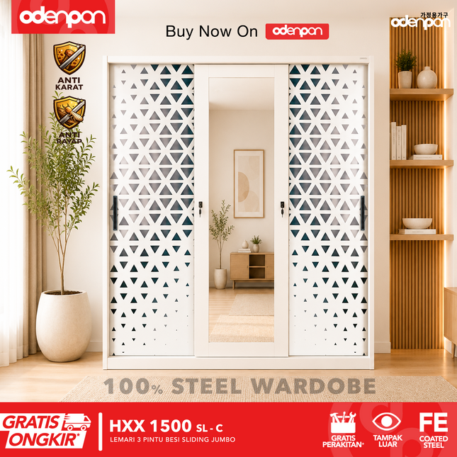 ODENPAN - HXX 1500 SL Lemari Pakaian / Baju 3 Pintu Besi Sliding Dengan Cermin Jumbo Minimalis