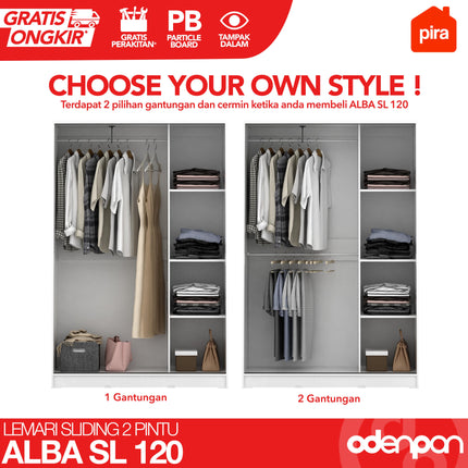 PIRA - ALBA SL 120 Lemari Pakaian / Baju Sliding 2 Pintu Dengan Cermin