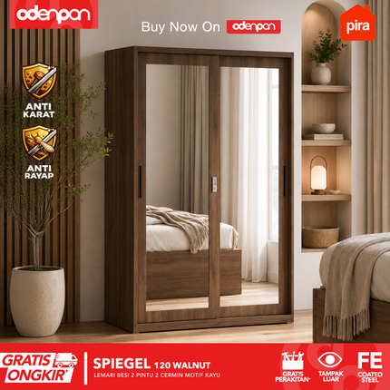 PIRA - SPIEGEL 120 Lemari Pakaian / Baju 2 Pintu Besi Sliding Motif Kayu