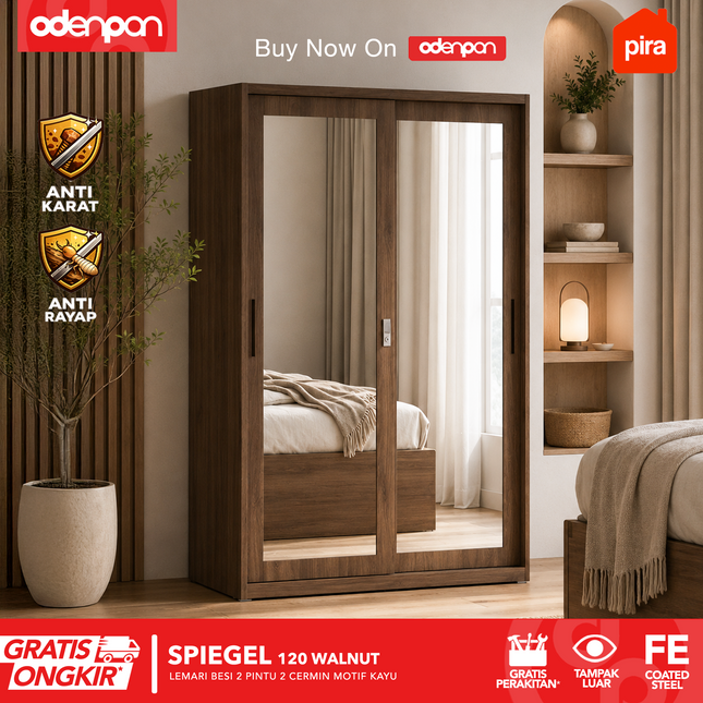 PIRA - SPIEGEL 120 Lemari Pakaian / Baju 2 Pintu Besi Sliding Motif Kayu