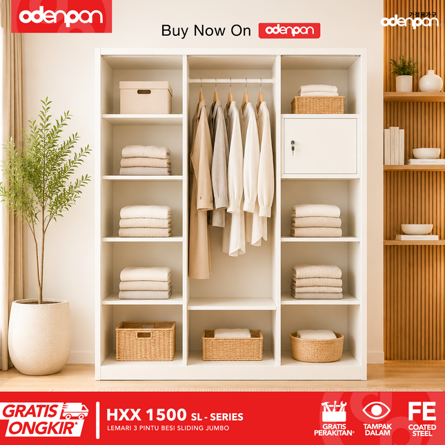 ODENPAN - HXX 1500 SL Lemari Pakaian / Baju 3 Pintu Besi Sliding Dengan Cermin Jumbo Minimalis