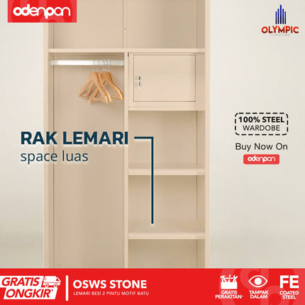 OLYMSTEEL - OSWS STONE Lemari Pakaian Baju 2 Pintu Besi Sliding Motif Batu