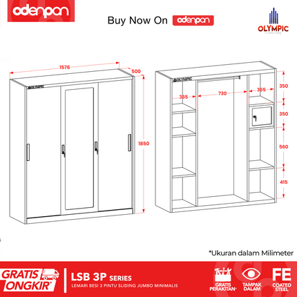 BESTSTEEL - LSB 3P Lemari Pakaian Baju 3 Pintu Besi Jumbo Sliding Minimalis