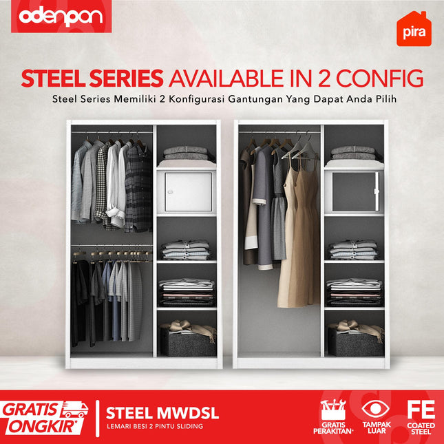 PIRA - STEEL Lemari Pakaian / Baju 2 Pintu Besi Sliding Dengan Cermin