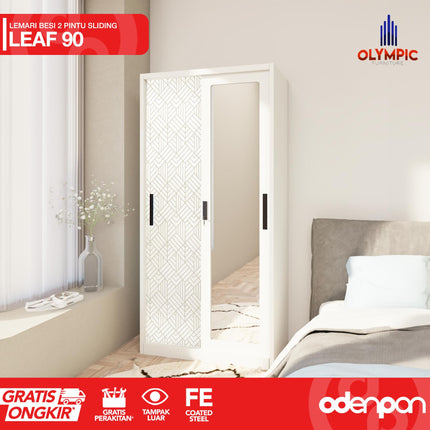 OLYMSTEEL - OSWS LEAF Lemari Pakaian Baju 2 Pintu Besi Sliding Putih Dengan Cermin