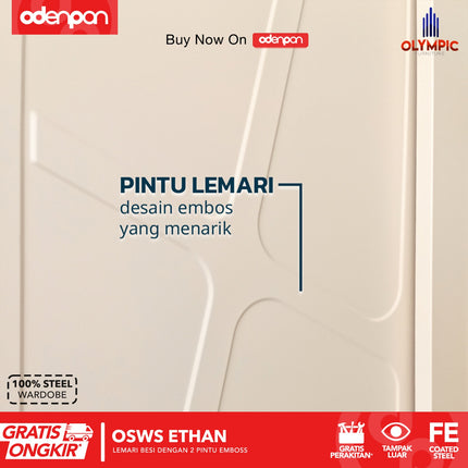 OLYMSTEEL - OSWS ETHAN Lemari Pakaian Baju 2 Pintu Besi Sliding Pintu 3D Emboss