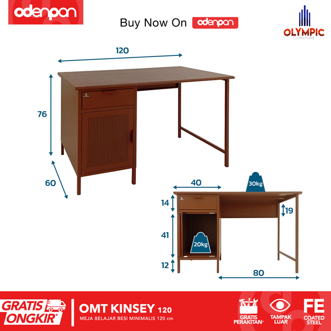 OLYMSTEEL - OMT KINSEY 120 Meja Tulis / Belajar Besi Dengan Laci