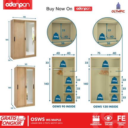 OLYMSTEEL - OSWS WOOD WS Lemari Pakaian Baju 2 Pintu Besi Sliding Motif Kayu